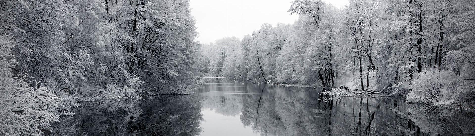 talvimaisema, joki metsää